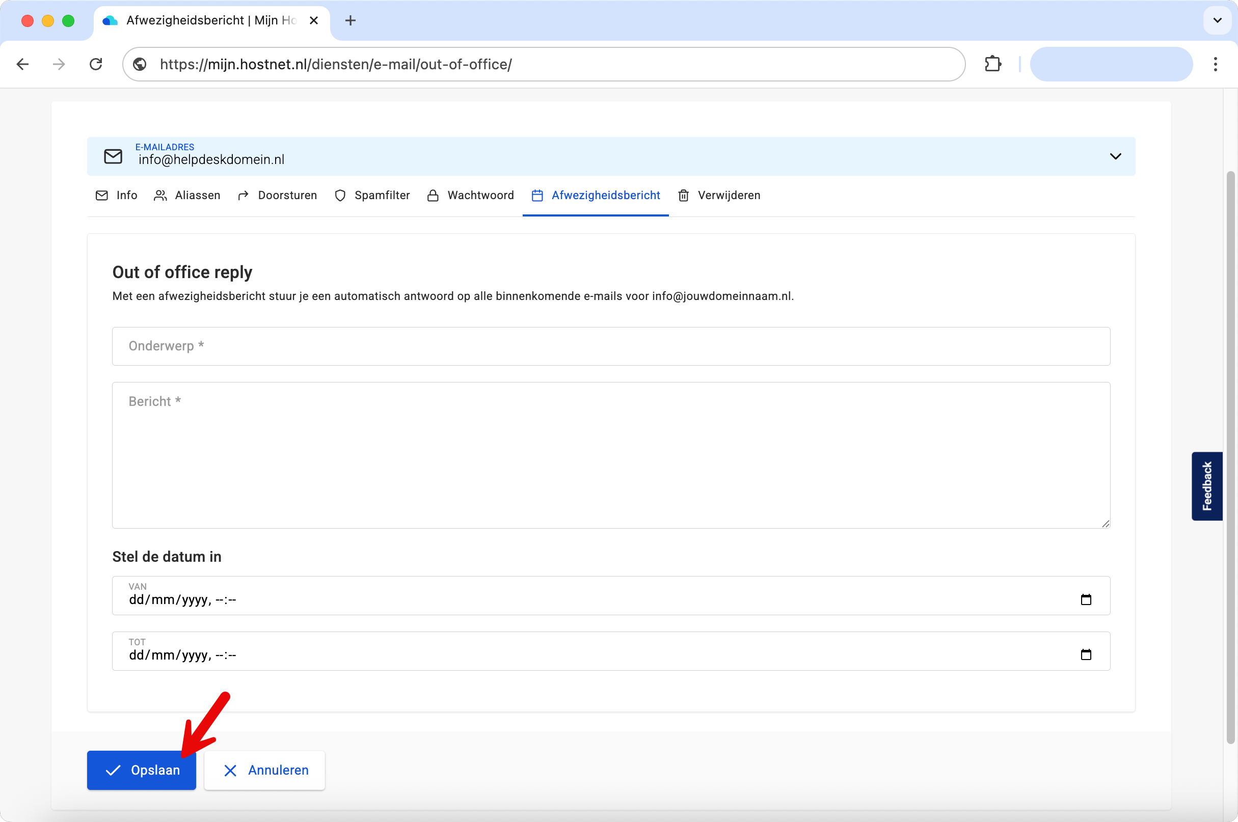 Afwezigheidsbericht opslaan