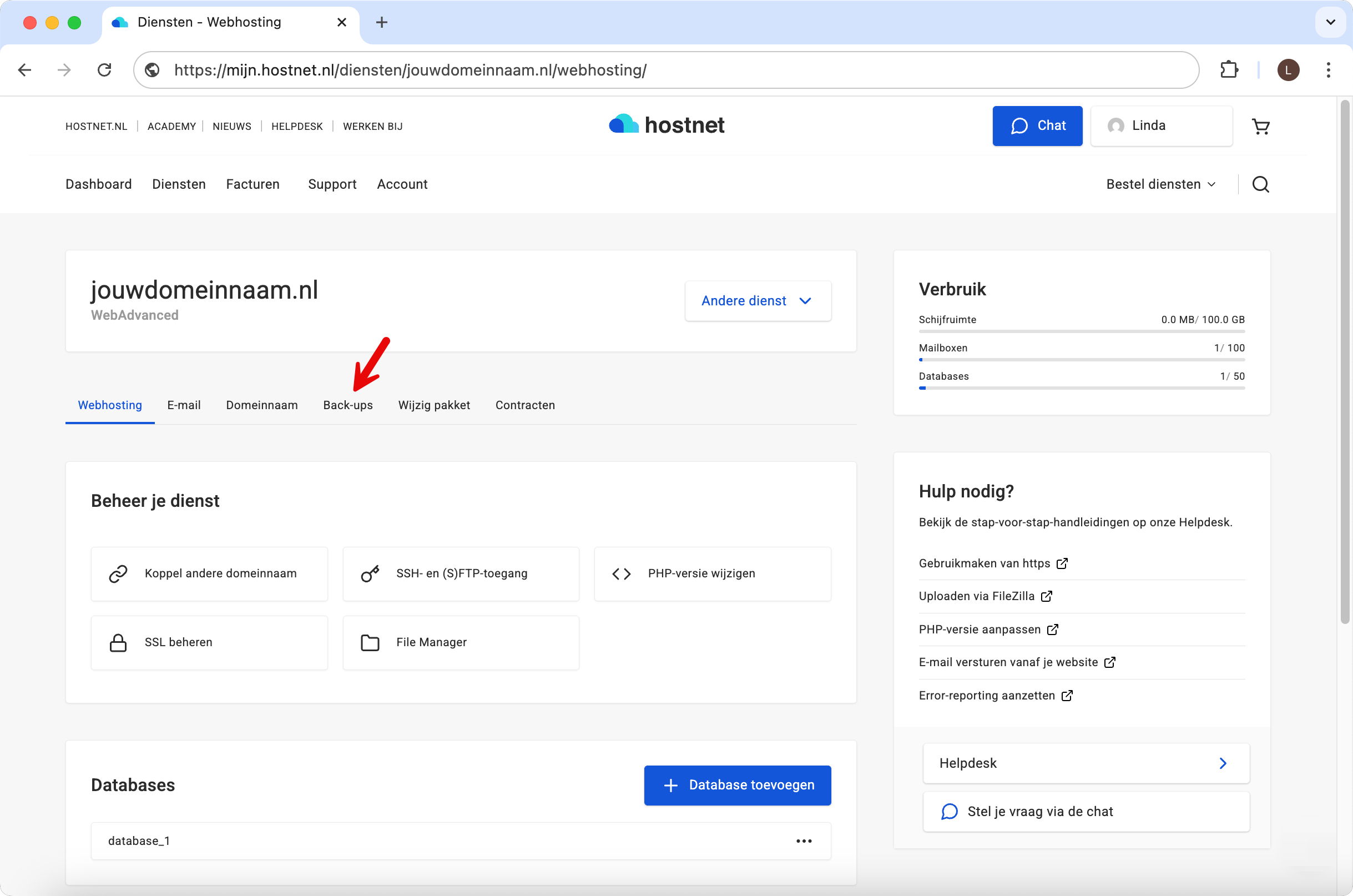 Backup-functie opzoeken in Mijn Hostnet