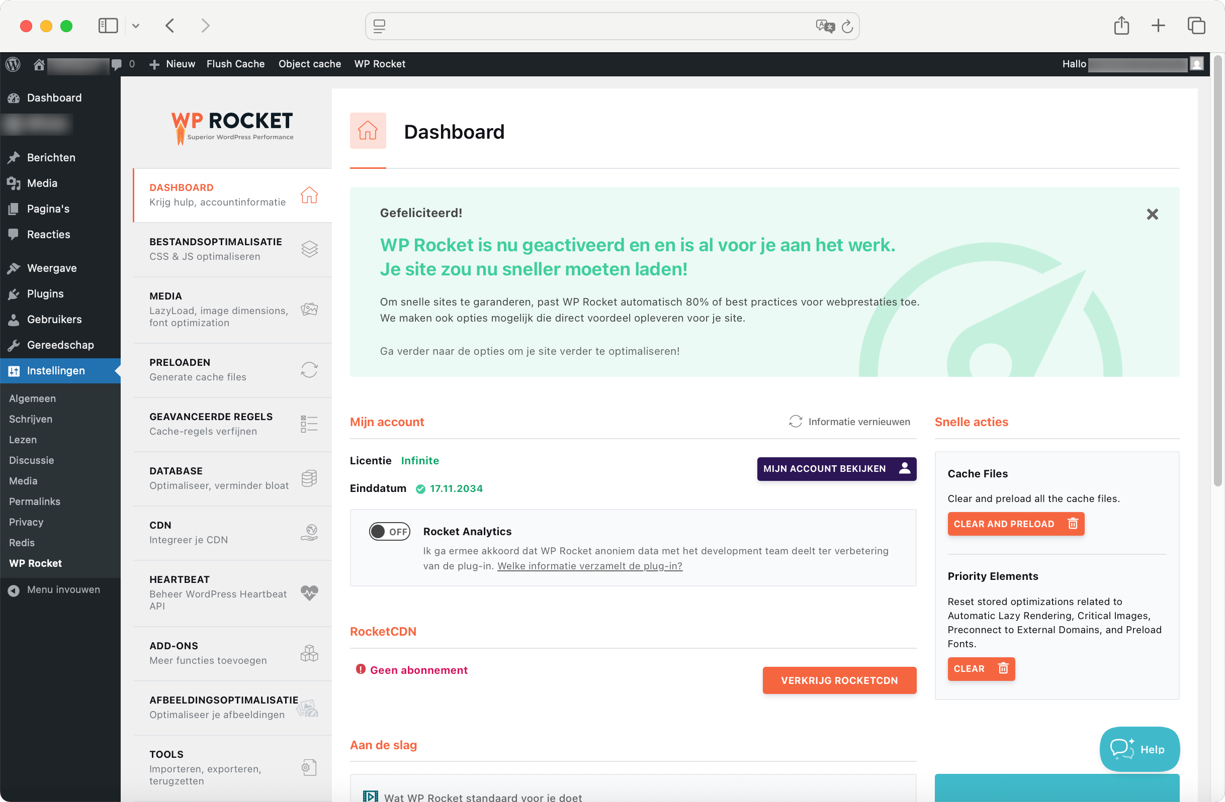 WP Rocket dashboard